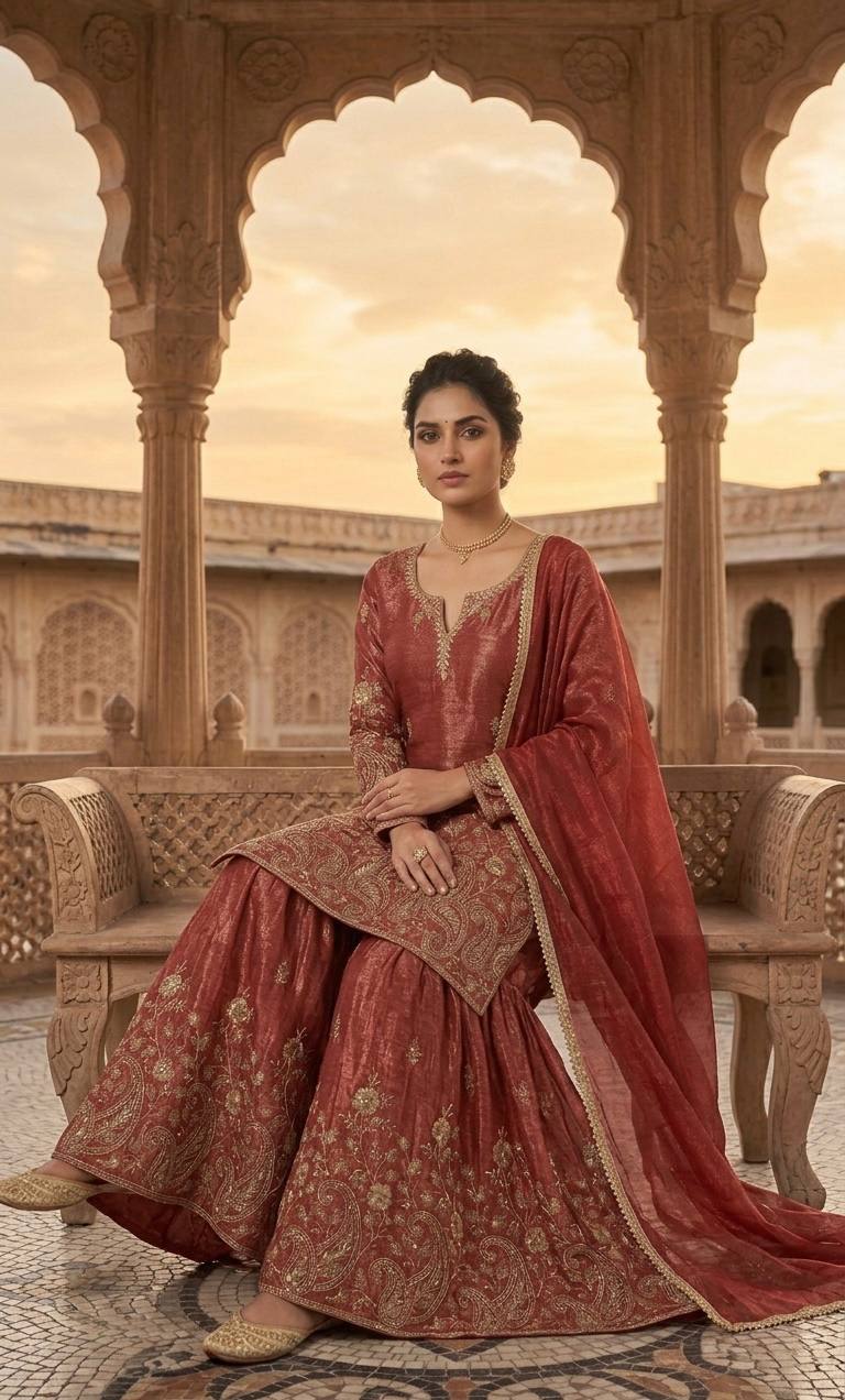Urban Copper-Red Embroidered Flared Ensemble